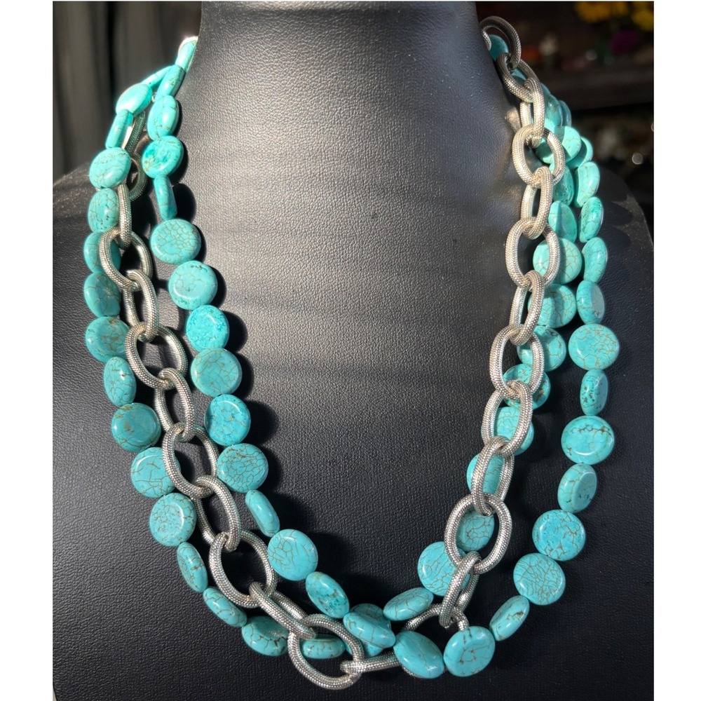 Statement Necklace Womens Turquoise Silver Multi Strand Chunky‎ Bead